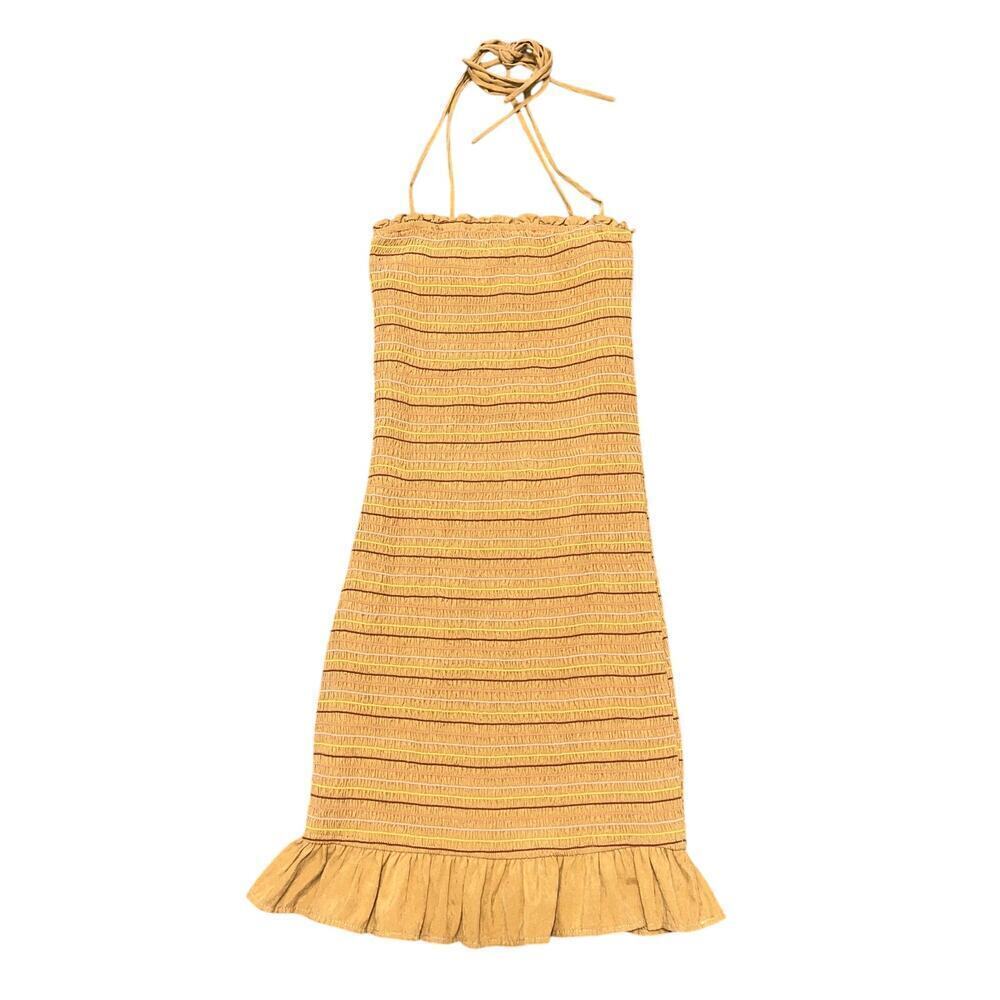 STORIA Mustard Boho Mini Tie Strap Ruffle Body Con Smocked Dress Size S